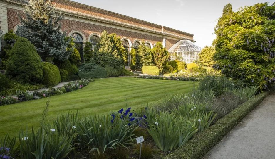 De groene wandelpaden en weelderige beplanting van de Kruidtuin Leuven